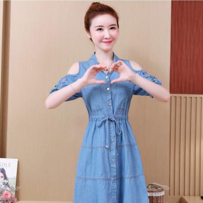 ĐẦM JEAN TRỄ VAI FORM A TAY THÊU HOA - NJ221